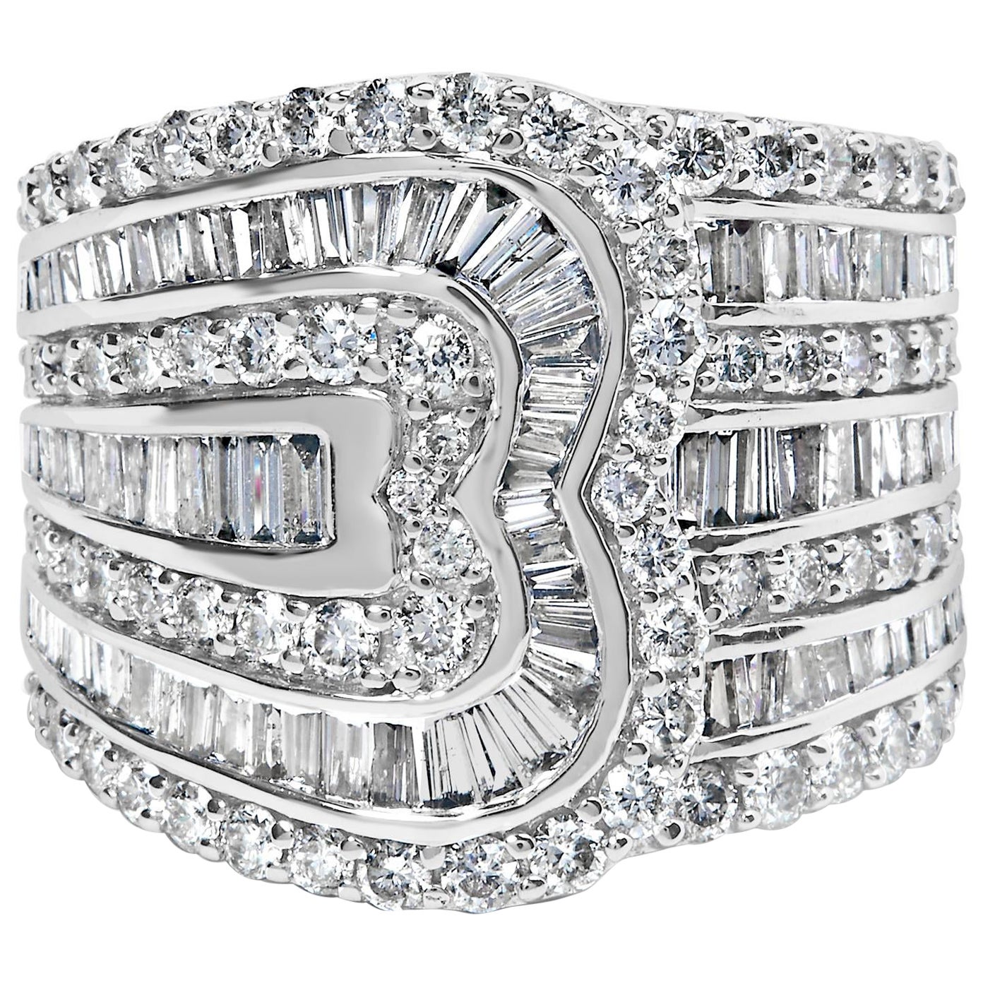 10K White Gold 2 1/2 Cttw Round and Baguette-Cut Diamond Multi-Row Bypass Ring For Sale
