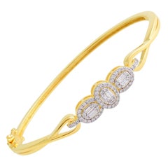 Bracelet jonc en or jaune 14 carats avec diamants ronds baguettes SI/HI de 0,65 carat