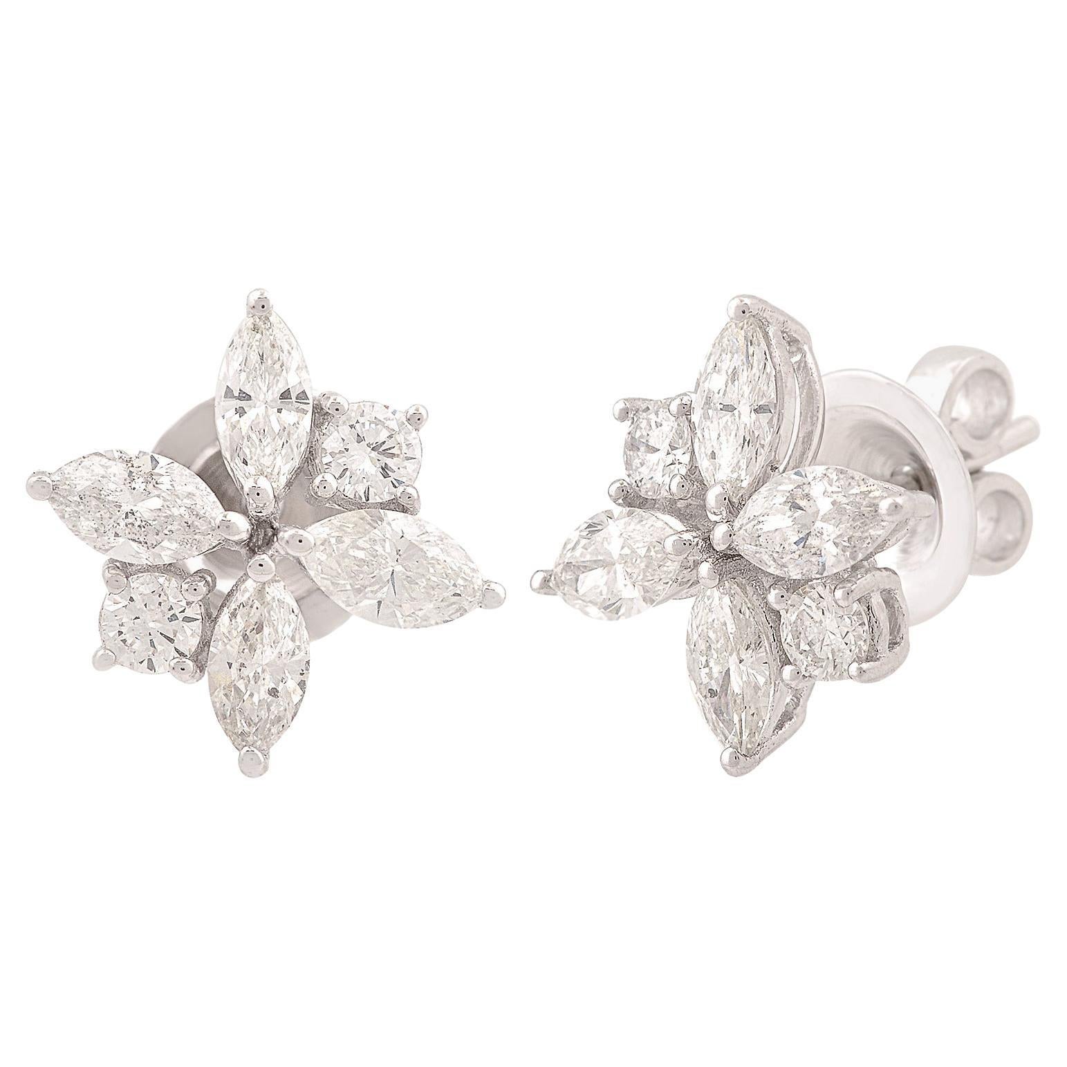 1.57 Carat Marquise & Round Diamond Stud Earrings 14 Karat White Gold Jewelry For Sale