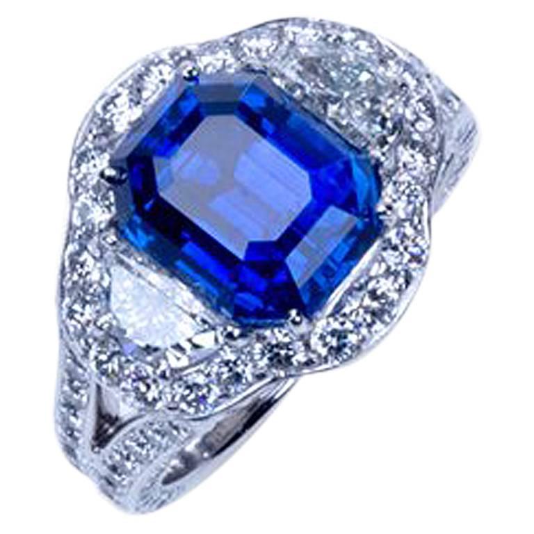 A "Samuel Getz" Exceptional Unheated Emerald Cut Blue Sapphire Dia Platinum Ring For Sale