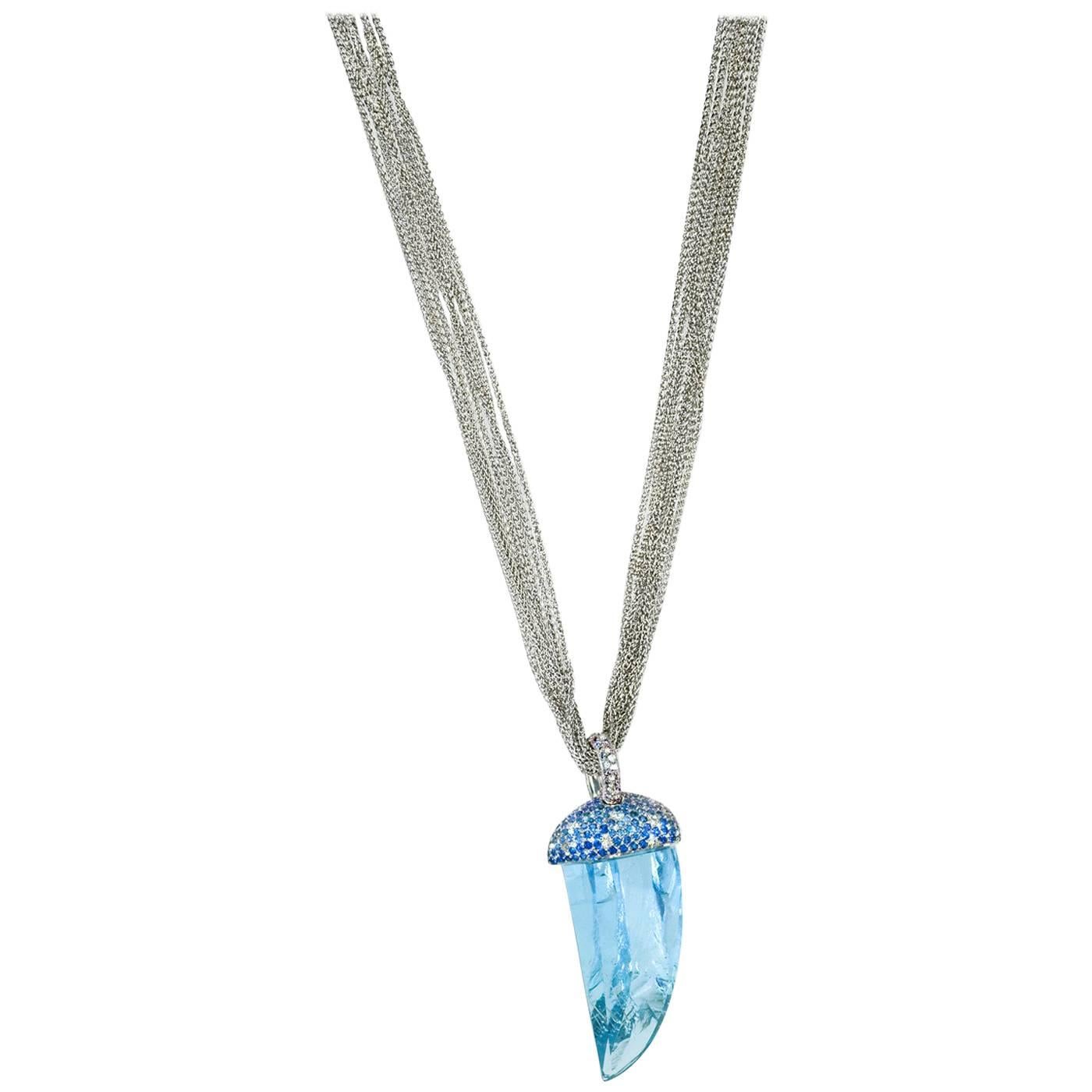 Samuel Getz Unusual Natural Rough Cut Aquamarine Diamond  Blue Sapphire Pendant For Sale