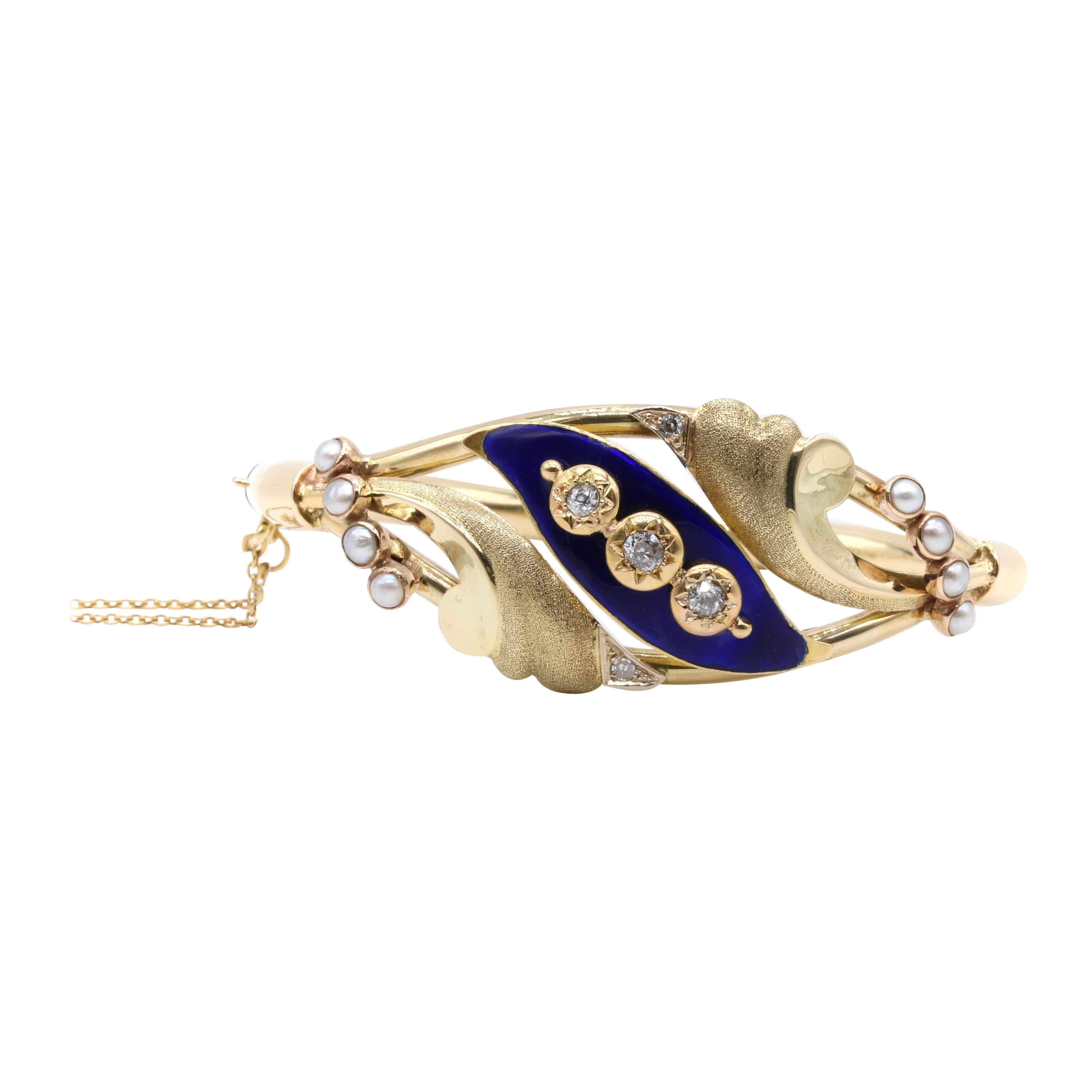 Antique Victorian 27g 14K Yellow Gold Diamond, Pearl and Blue Enamel Bracelet For Sale