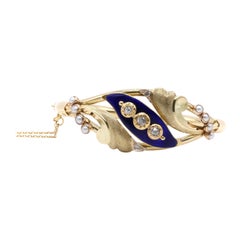 Bracelet victorien ancien de 27 g en or jaune 14 carats, diamants, perles et émail bleu