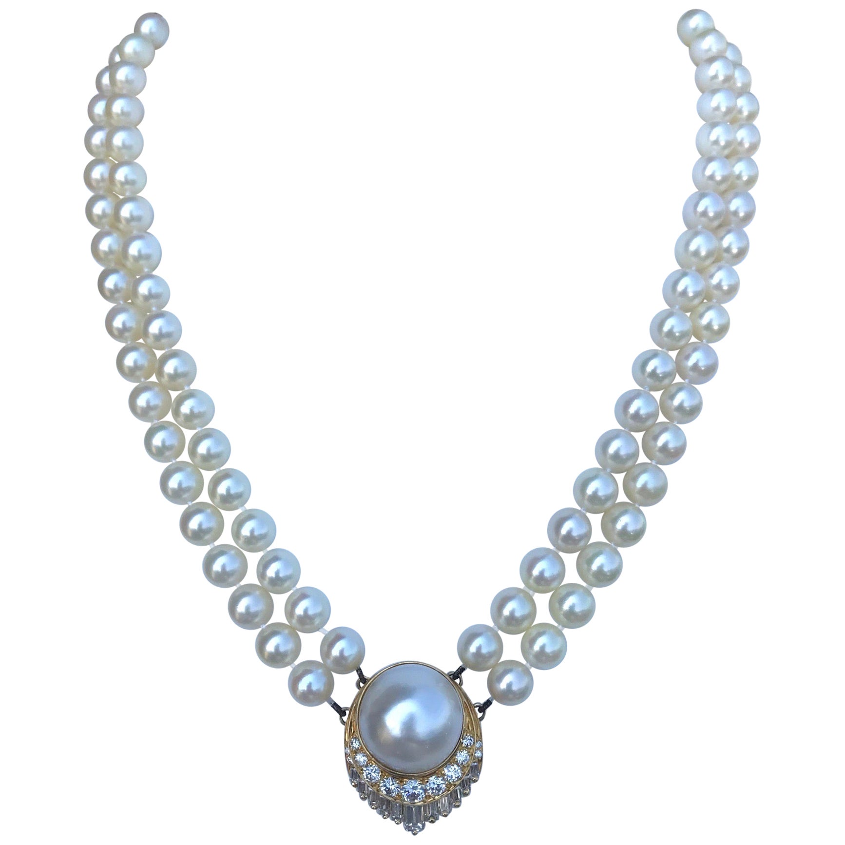 Retro Pearl Diamond Necklace 2 Carats For Sale