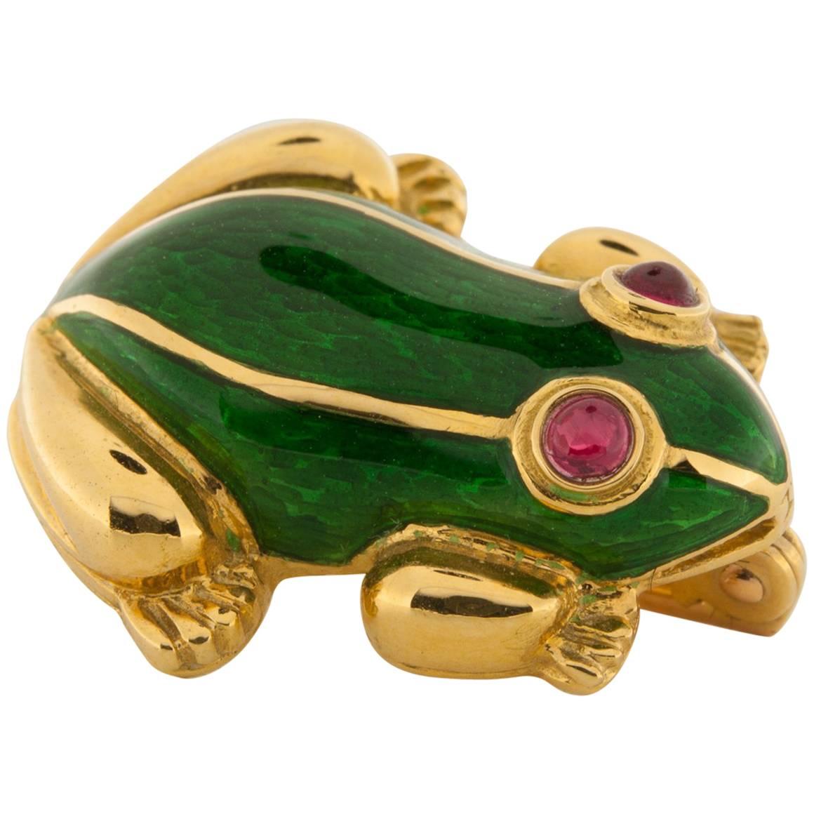 Italian Made Green Enamel Frog Pin in Yellow Gold For Sale
