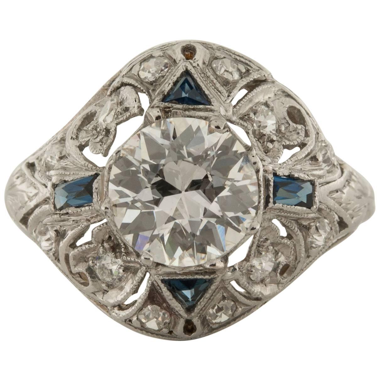 1920s Art Deco 1.18 Carat Diamond and Sapphire Ring For Sale