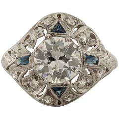 1920s Art Deco 1.18 Carat Diamond and Sapphire Ring