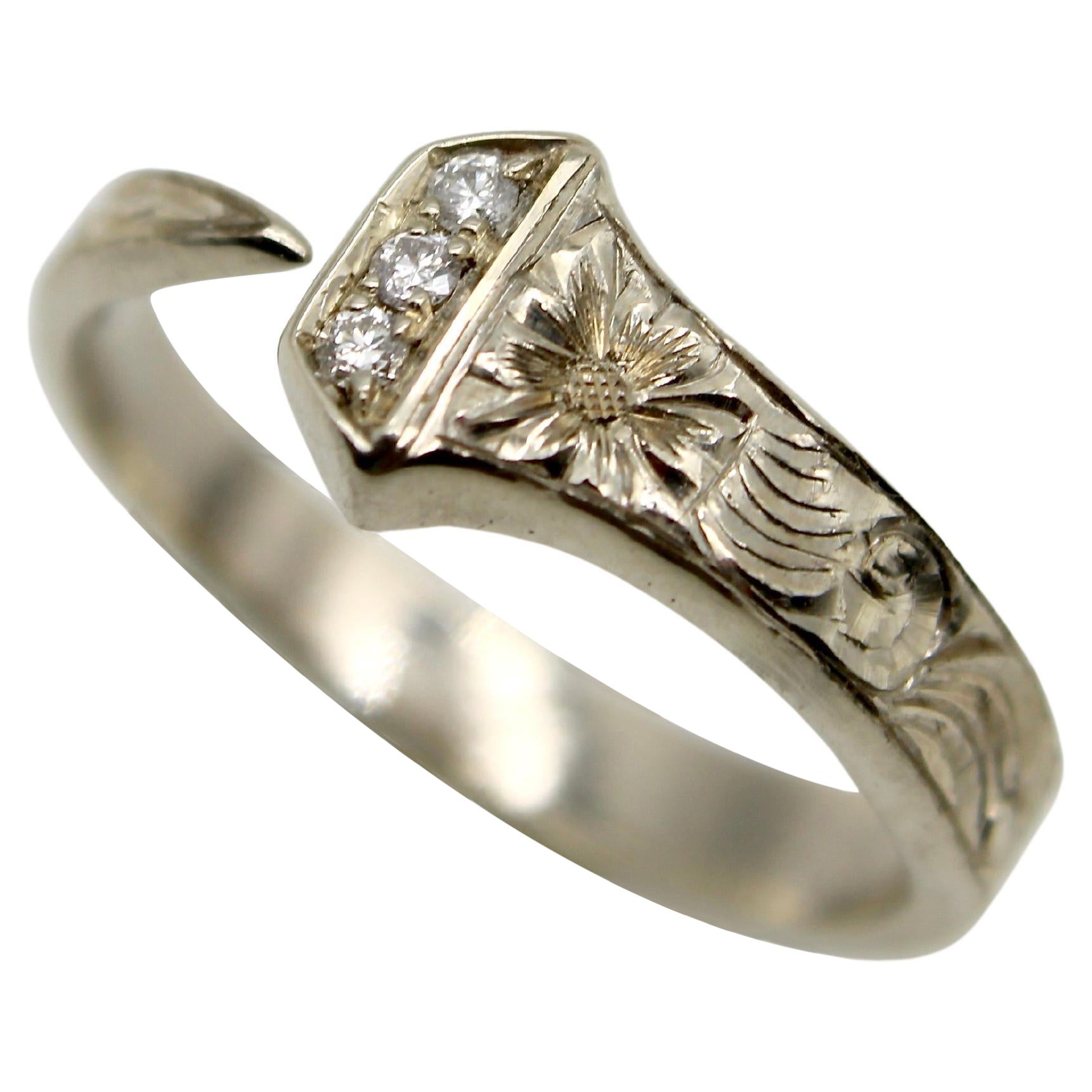 14K White Gold Hand Engraved Lucky Nail Ring with Diamonds  For Sale