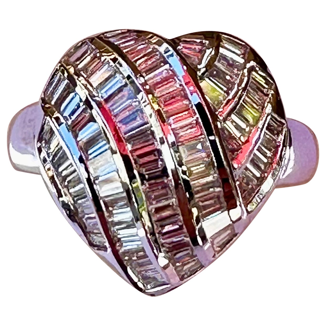 Ladies Beautiful Heart Shape Baguette Diamond Ring 1.80 CT 18K White Gold For Sale