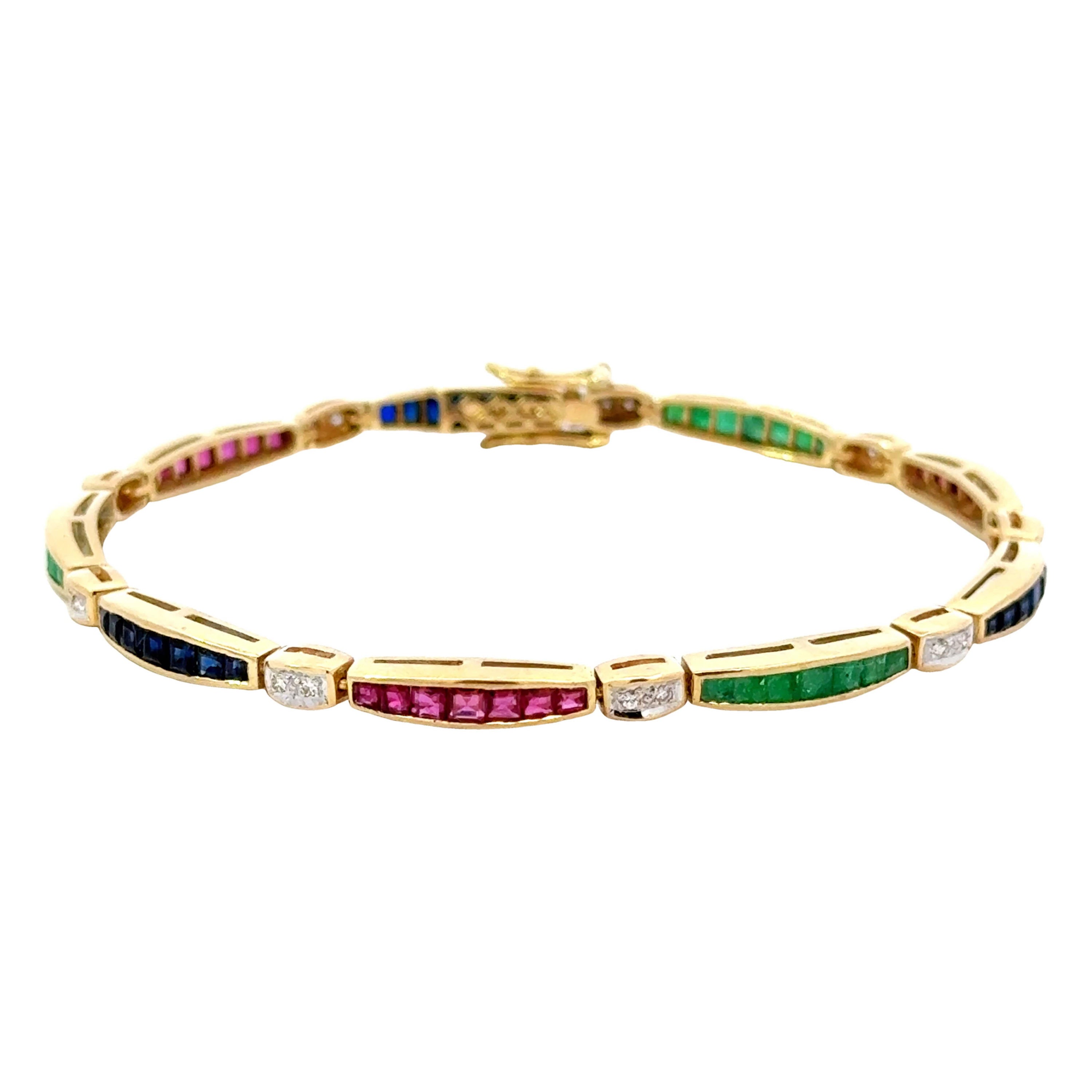 Ruby Emerald Sapphire Diamond Sectional Bracelet Solid 14k Yellow Gold 