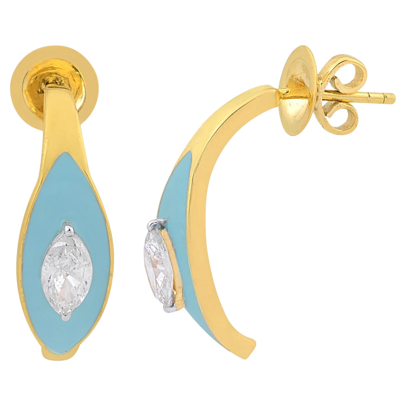 0.75 Carat Marquise Diamond Turquoise Enamel Half Hoop Earrings 14k Yellow Gold For Sale