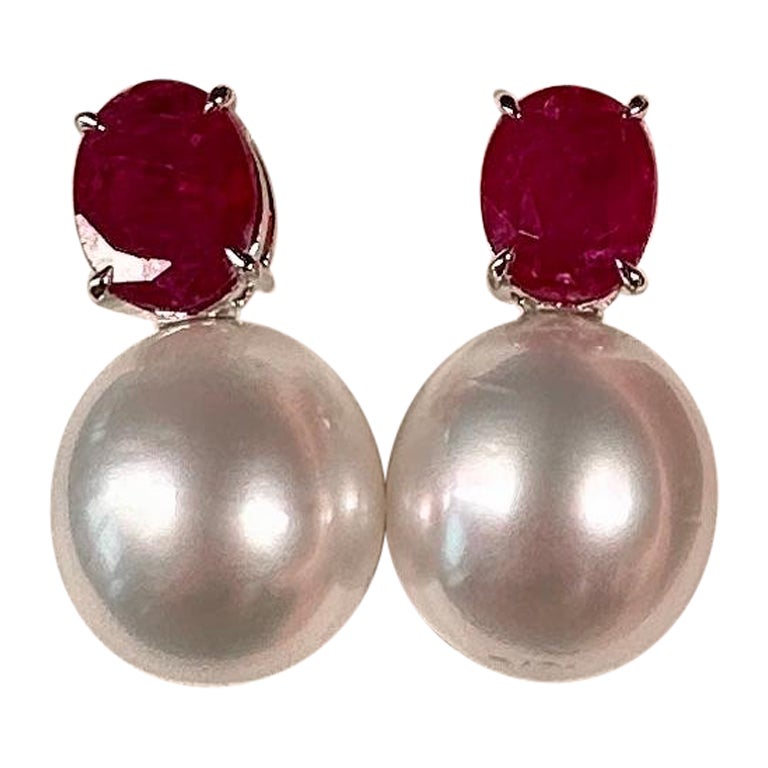 Eostre Ruby, White Australian South Sea Pearl and Diamond Earrings in 18k Gold For Sale