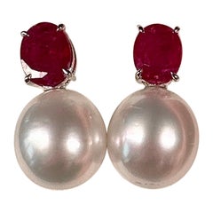 Eostre Ruby, White Australian South Sea Pearl and Diamond Earrings in 18k Gold