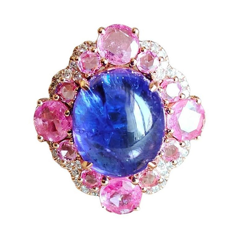 Set in 18K Gold, 9.00 Carats Tanzanite, Pink Sapphire & Diamond Cocktail Ring  For Sale
