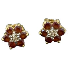 Boucles d'oreilles vintage en or jaune 14K, grenat, diamant, style marguerite