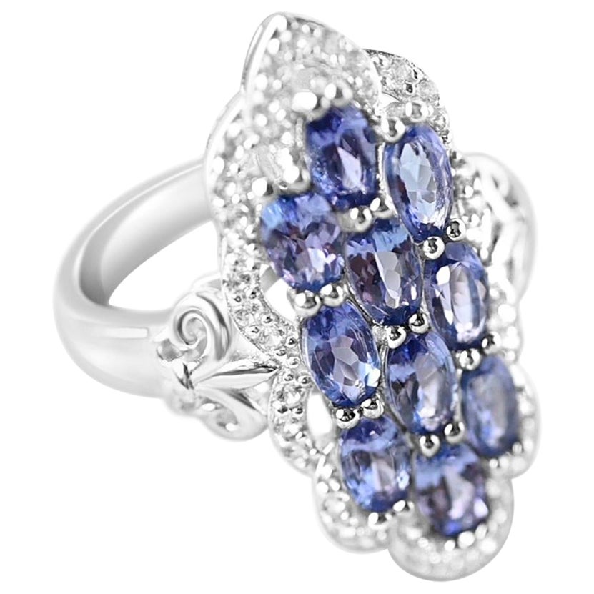 Bague fantaisie en argent sterling 925 plaqué rhodium avec tanzanite 2,19 carats