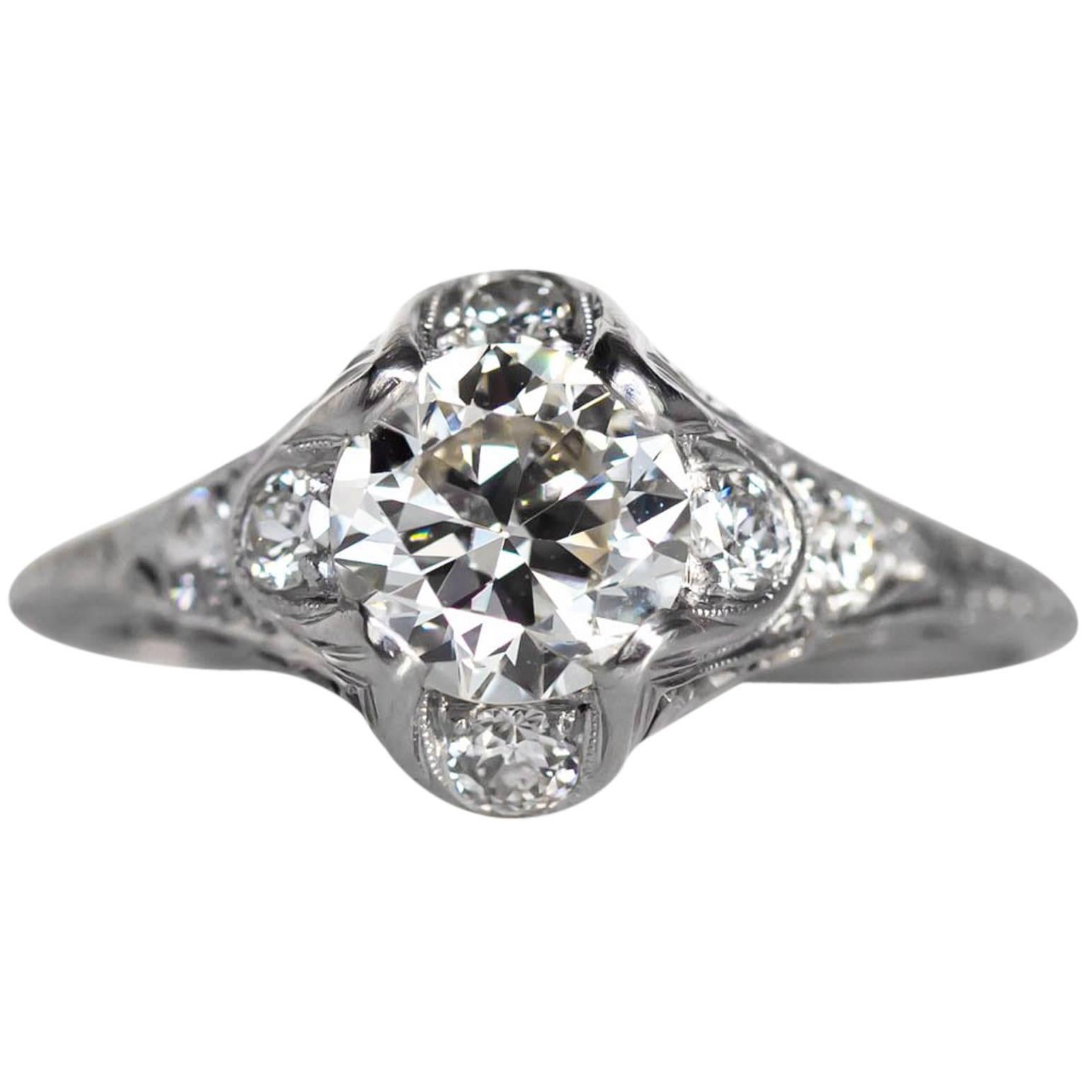 1920s Art Deco Platinum GIA Certified .95 Carat Diamond Engagement Ring