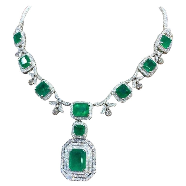 Certified 51.00 Carats Zambian Emeralds  8.90 Ct Diamonds 18k Gold Necklace  For Sale