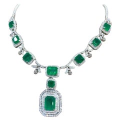 Certified 51.00 Carats Zambian Emeralds  8.90 Ct Diamonds 18k Gold Necklace 