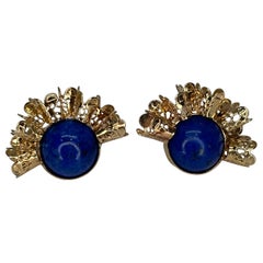 Lapis Lazuli 14k Yellow Gold Ruffle Gold Earrings Omega Back