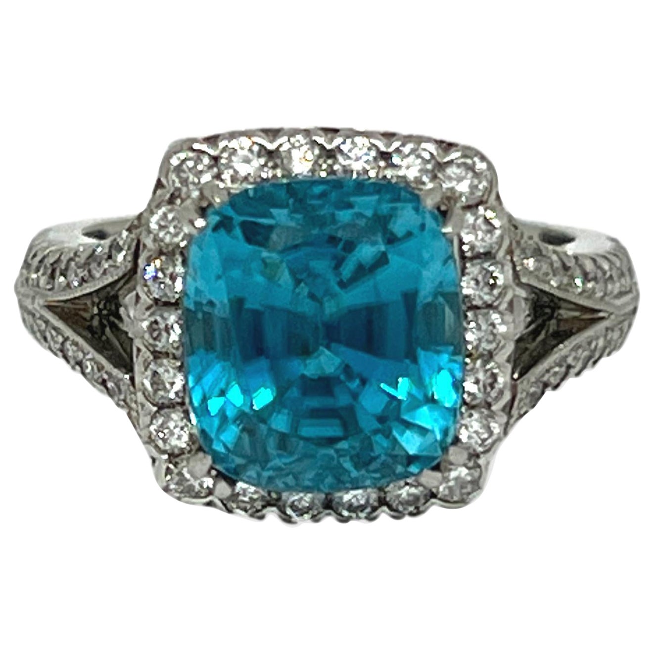 8.28CT Blue Zircon Handmade Diamond Platinum Ring For Sale