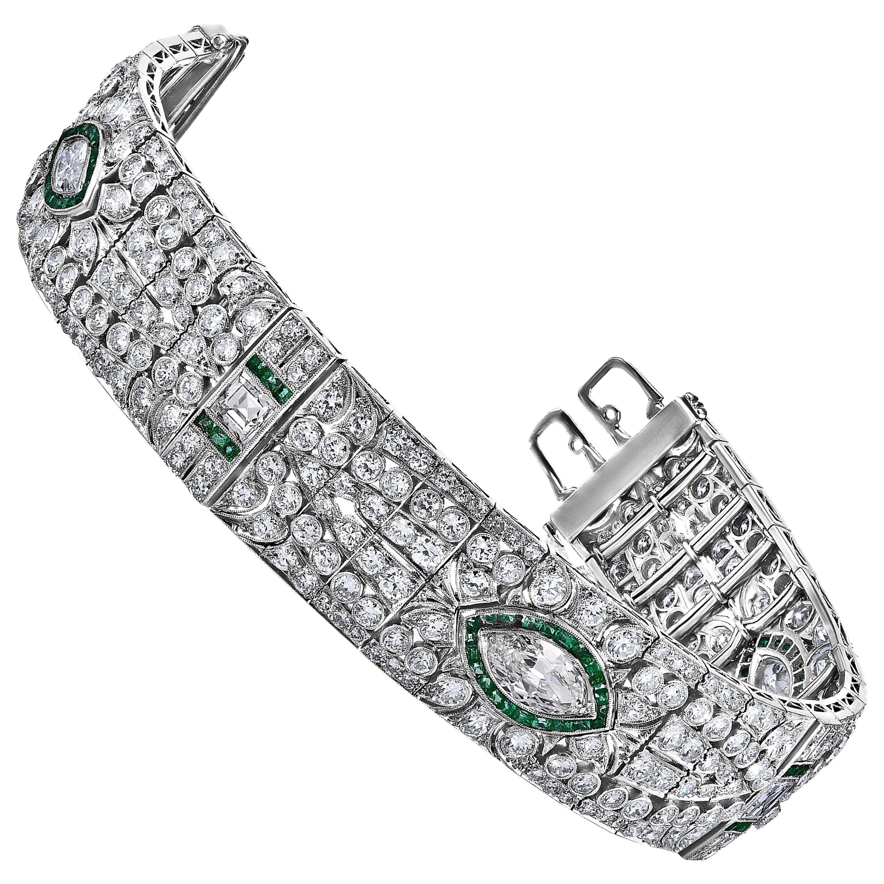 Art Deco Style Emerald Diamond Platinum Bracelet