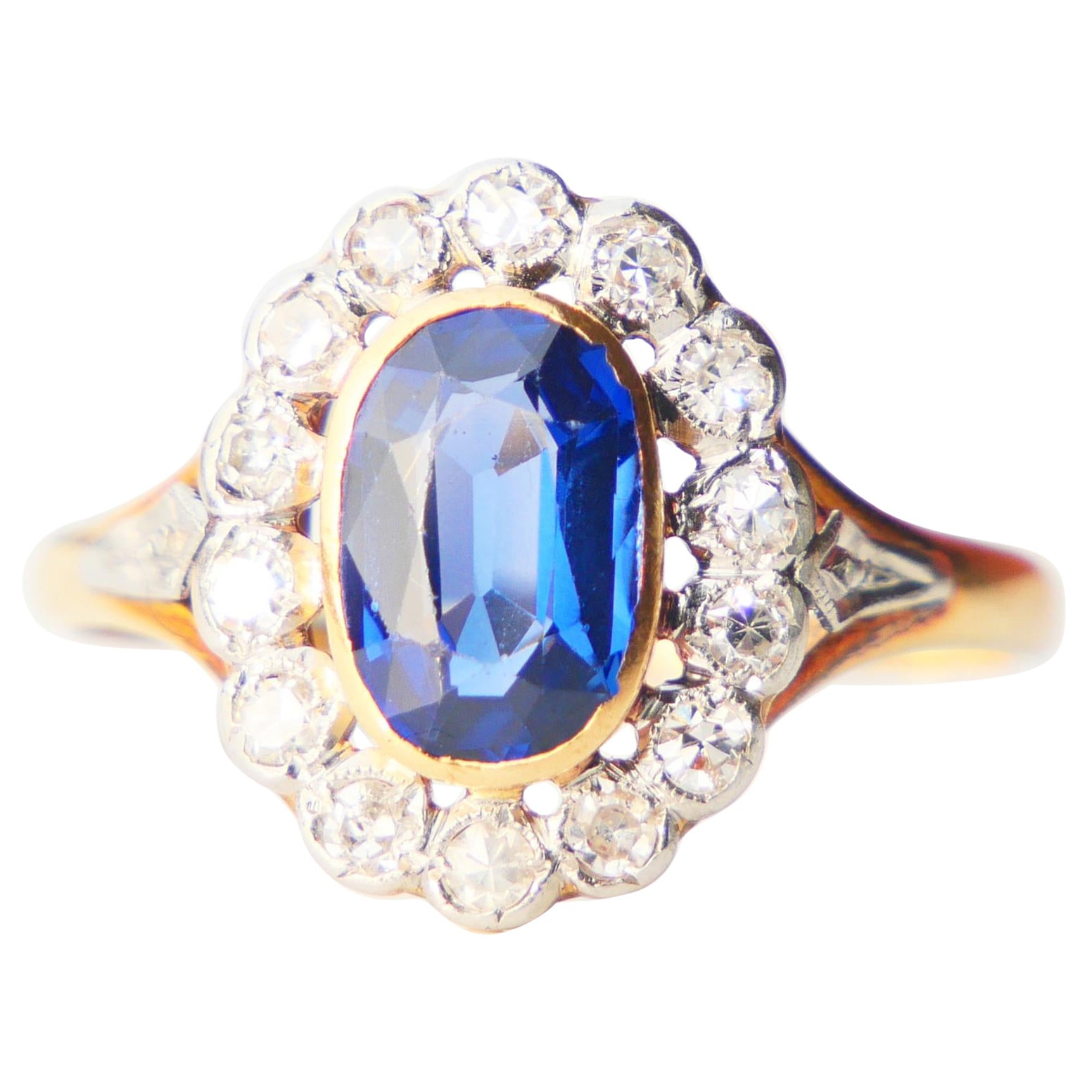 Antiker Halo Ring Saphir Diamanten massiv 18K Gold Platin Ø US9.5 / 3.26gr im Angebot