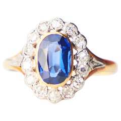 Antique halo Ring Sapphire Diamonds solid 18K Gold Platinum Ø US9.5 / 3.26gr