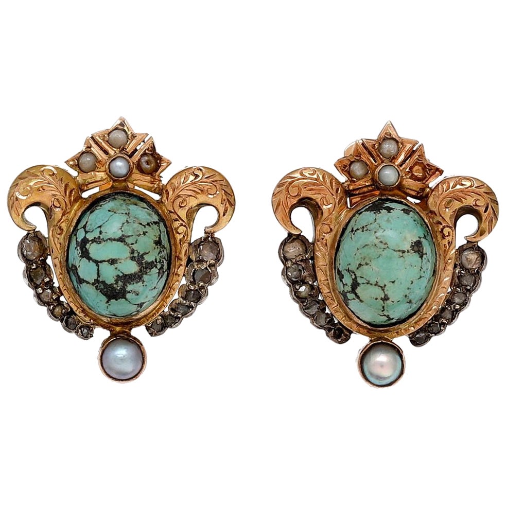 "Noucentisme Period" Turquoise, Seed Pearls, Rose cut Diamond Earrings. Spain 