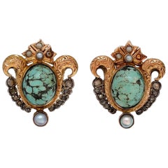 Antique "Noucentisme Period" Turquoise, Seed Pearls, Rose cut Diamond Earrings. Spain 