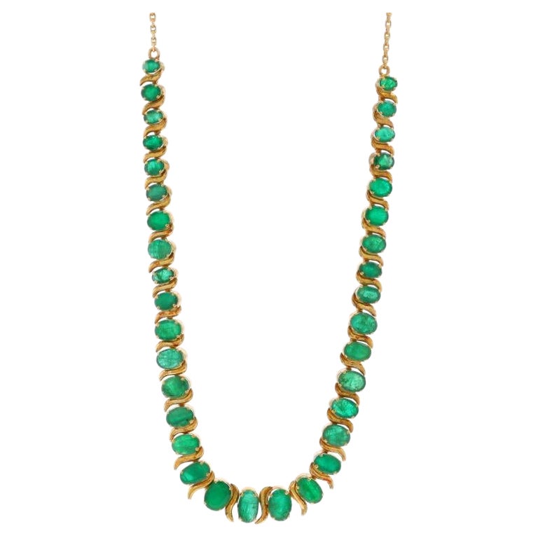 Yellow Gold Emerald Graduated Link Necklace - 18k Oval 12.63ctw Adjustable For Sale