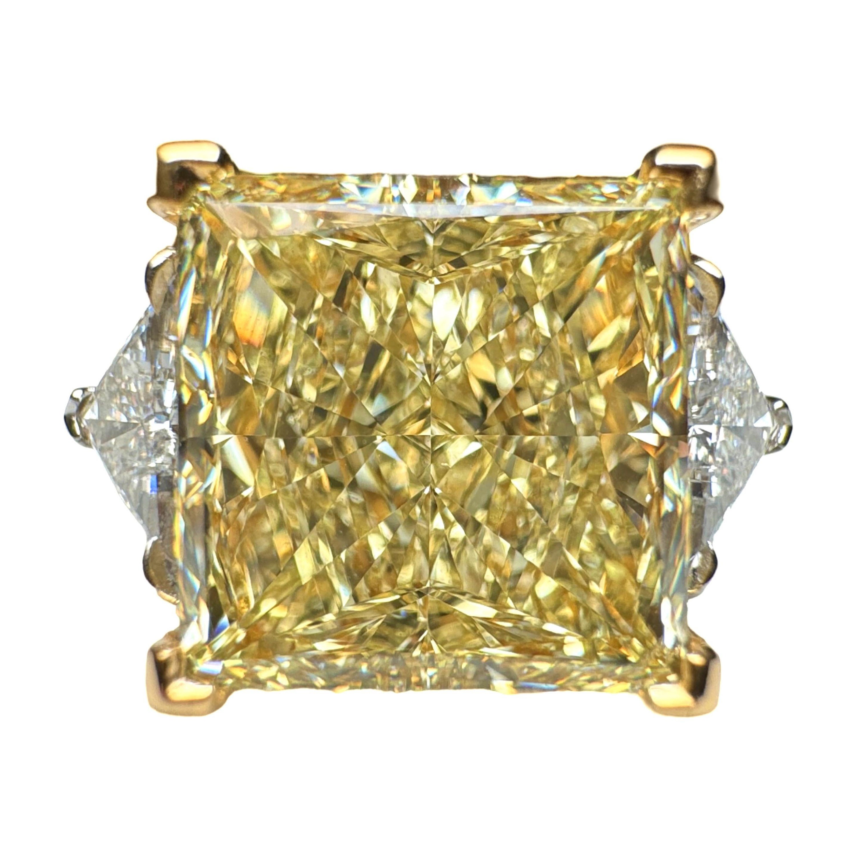 GIA Certified 6.91 Carat Princess Cut Yellow Diamond Three Stone Ring For Sale