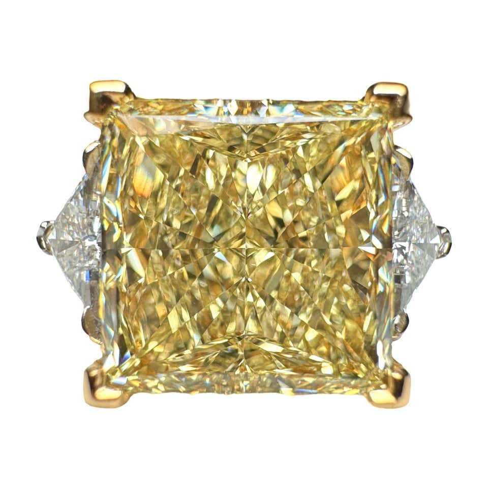 GIA Certified 4.02 Cushion Cut Yellow Diamond Three Stone Ring For Sale ...