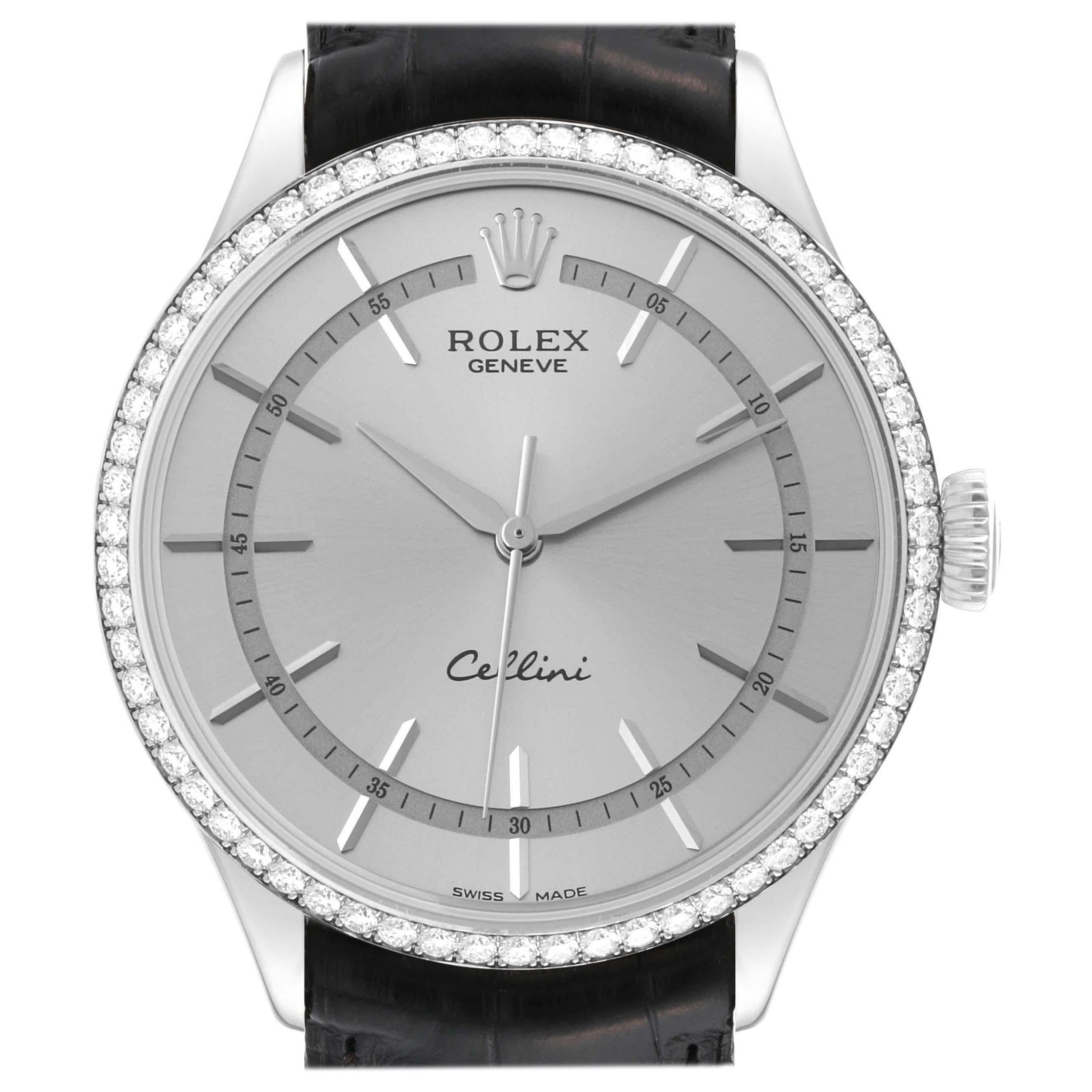 Rolex Cellini Time White Gold Diamond Automatic Mens Watch 50709 Box Card For Sale