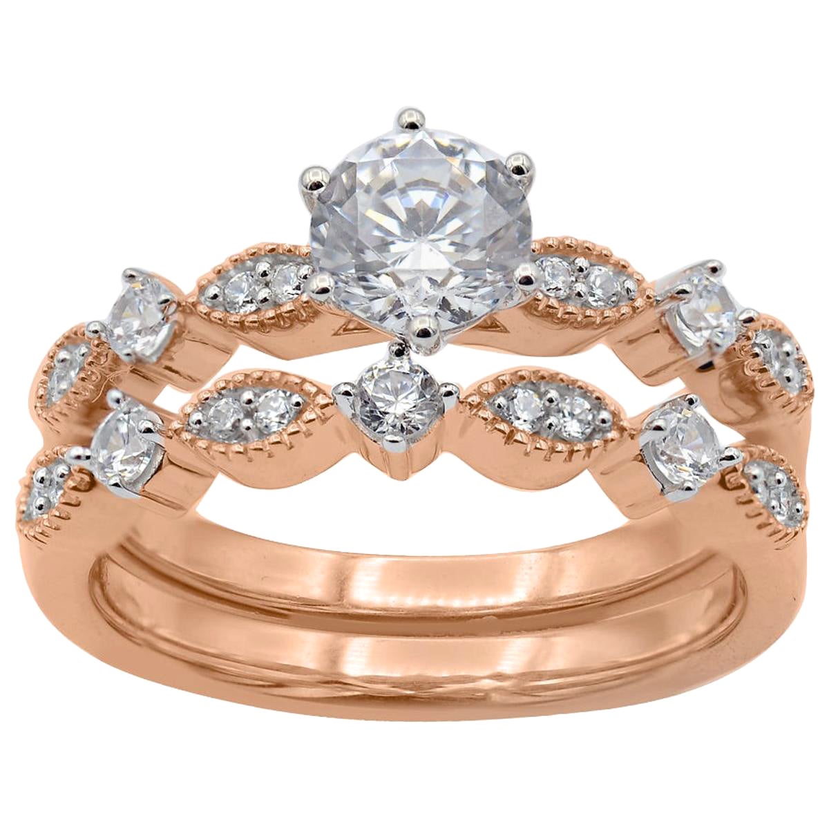 Ensemble de bague de mariage à tige festonnée en or rose 18 carats avec diamants ronds de 1,00 carat TJD