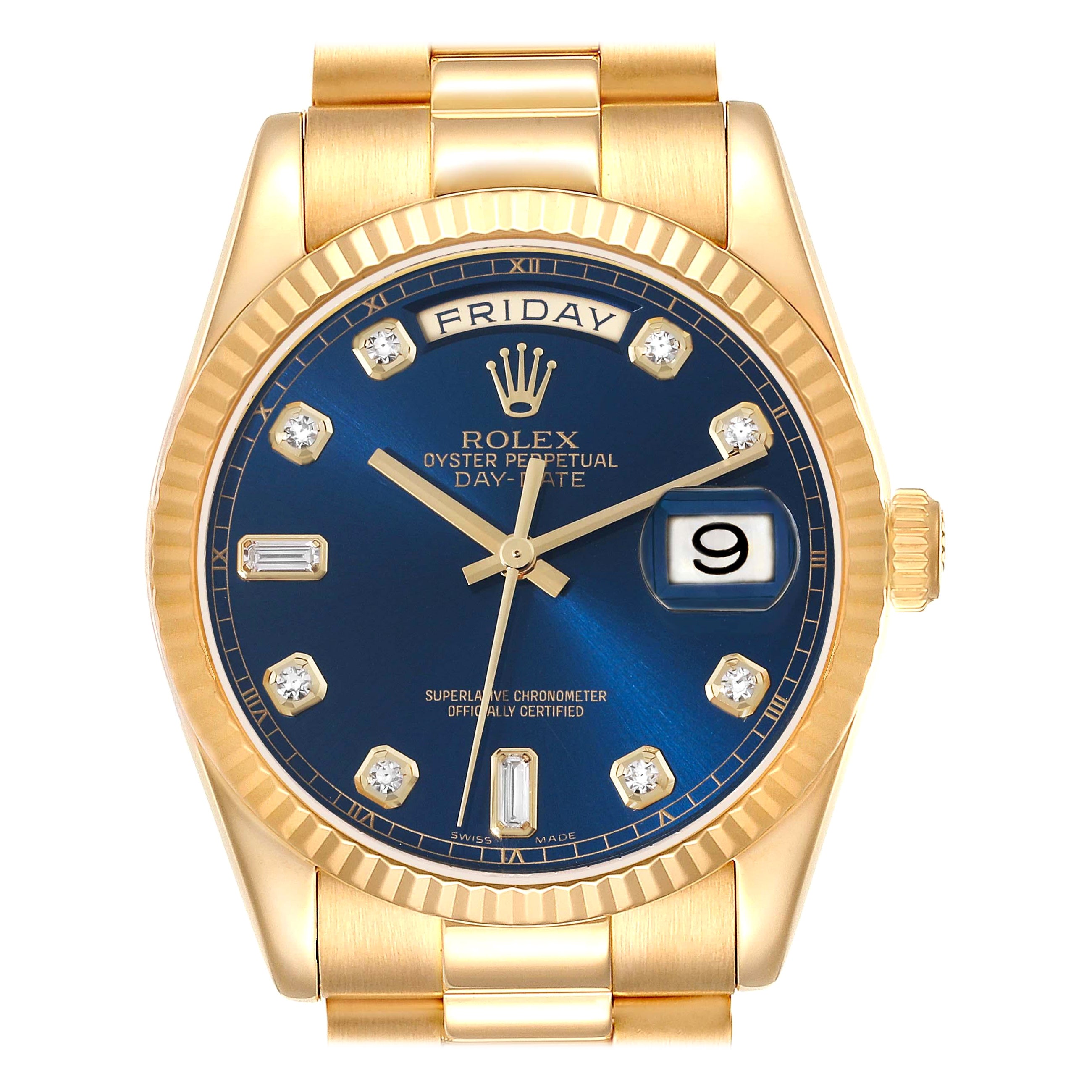 Rolex President Day Date Yellow Gold Blue Diamond Dial Mens Watch 118238