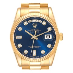 Used Rolex President Day Date Yellow Gold Blue Diamond Dial Mens Watch 118238