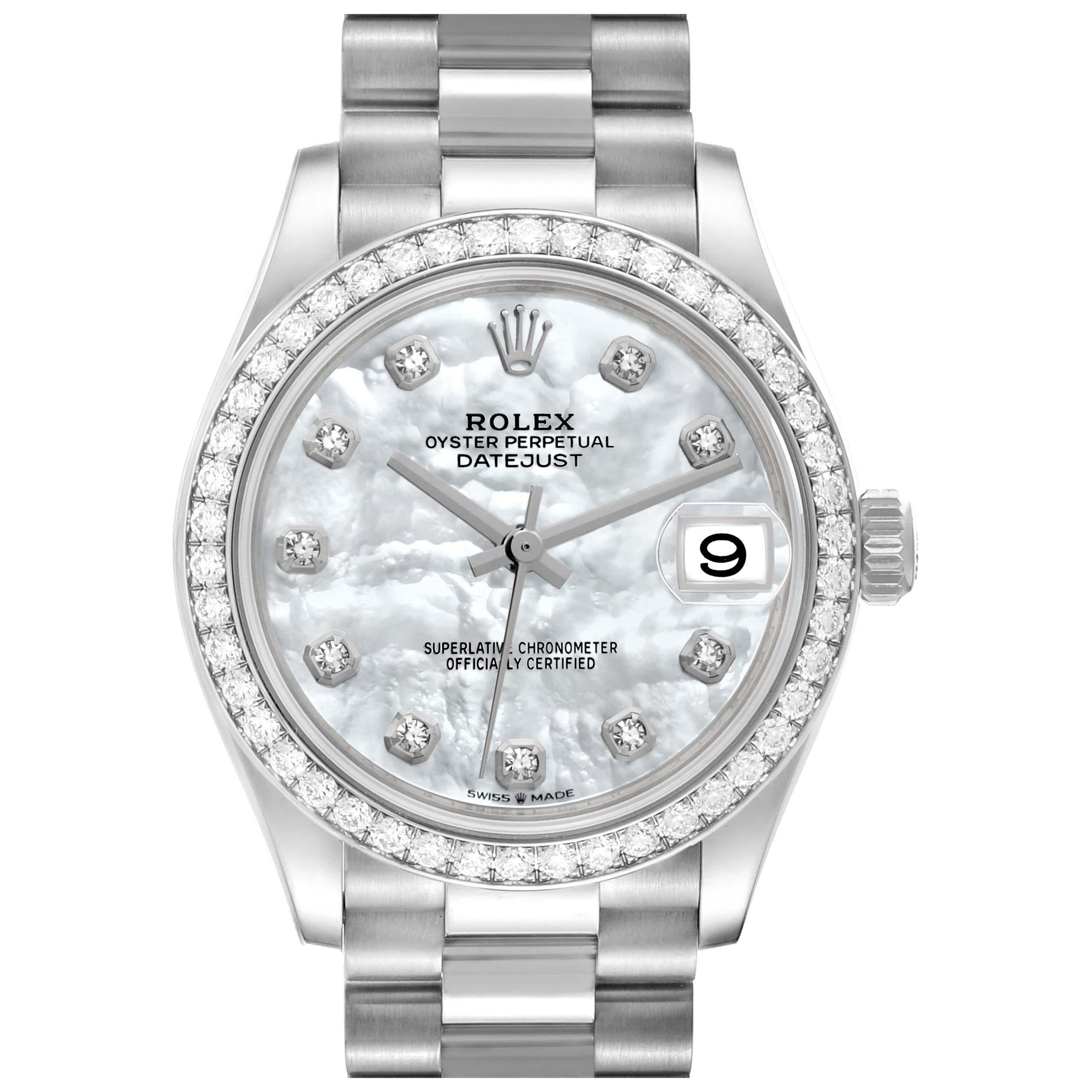 Rolex President Datejust Midsize White Gold Mother Of Pearl Diamond Ladies Watch For Sale
