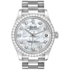 Used Rolex President Datejust Midsize White Gold Mother Of Pearl Diamond Ladies Watch
