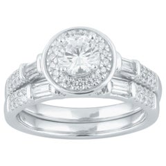 TJD 1.0 Carat Round & Baguette Diamond 18 Karat White Gold Halo Bridal Ring Set