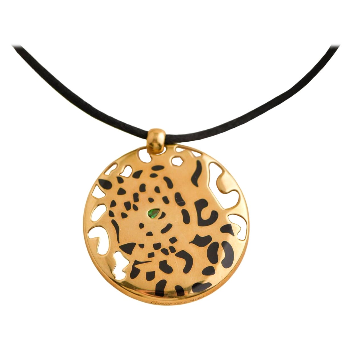 Cartier Gelbgold Emaille Tsavorit Panthere Anhänger Kordel Halskette im Angebot