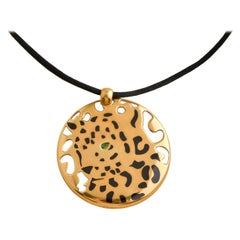 Cartier Yellow Gold Enamel Tsavorite Panthere Pendant Cord Necklace