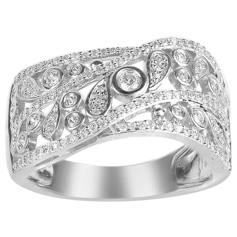 TJD 0.50 Carat Round Diamond 14 Karat White Gold Wave Wedding Band Ring