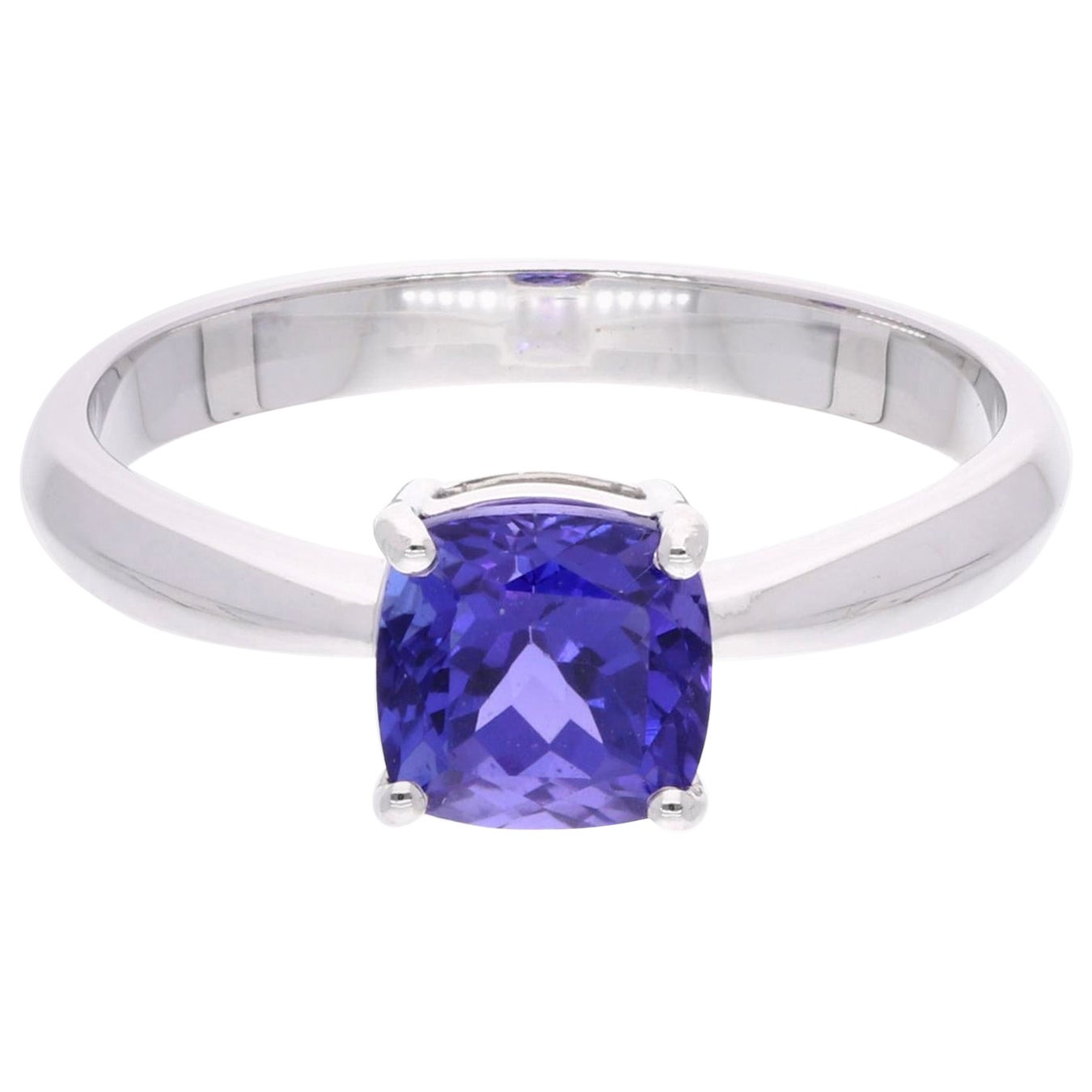 1.67 Carat Solitaire Cushion Tanzanite Ring 18 Solid Karat White Gold Jewelry For Sale
