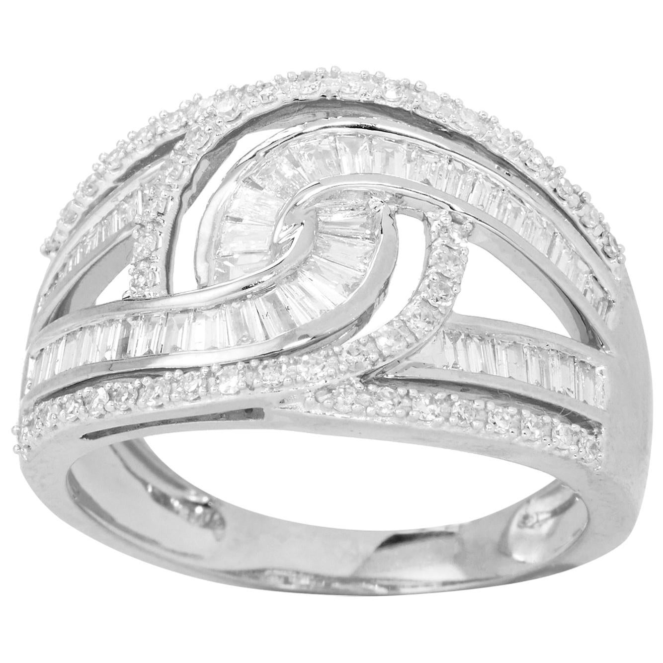 TJD 0.75 Carat Round & Baguette Diamond 14K White Gold Interlocking Wedding Ring For Sale