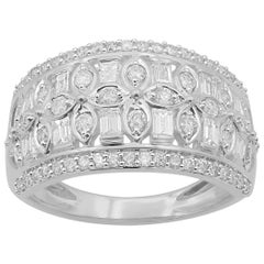 TJD 1.0 Carat Round and Baguette Diamond 14KT White Gold Engagement Band Ring