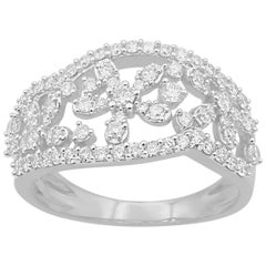 TJD 0.75 Carat Round Diamond 14 Karat White Gold Floral Design Wedding Band Ring