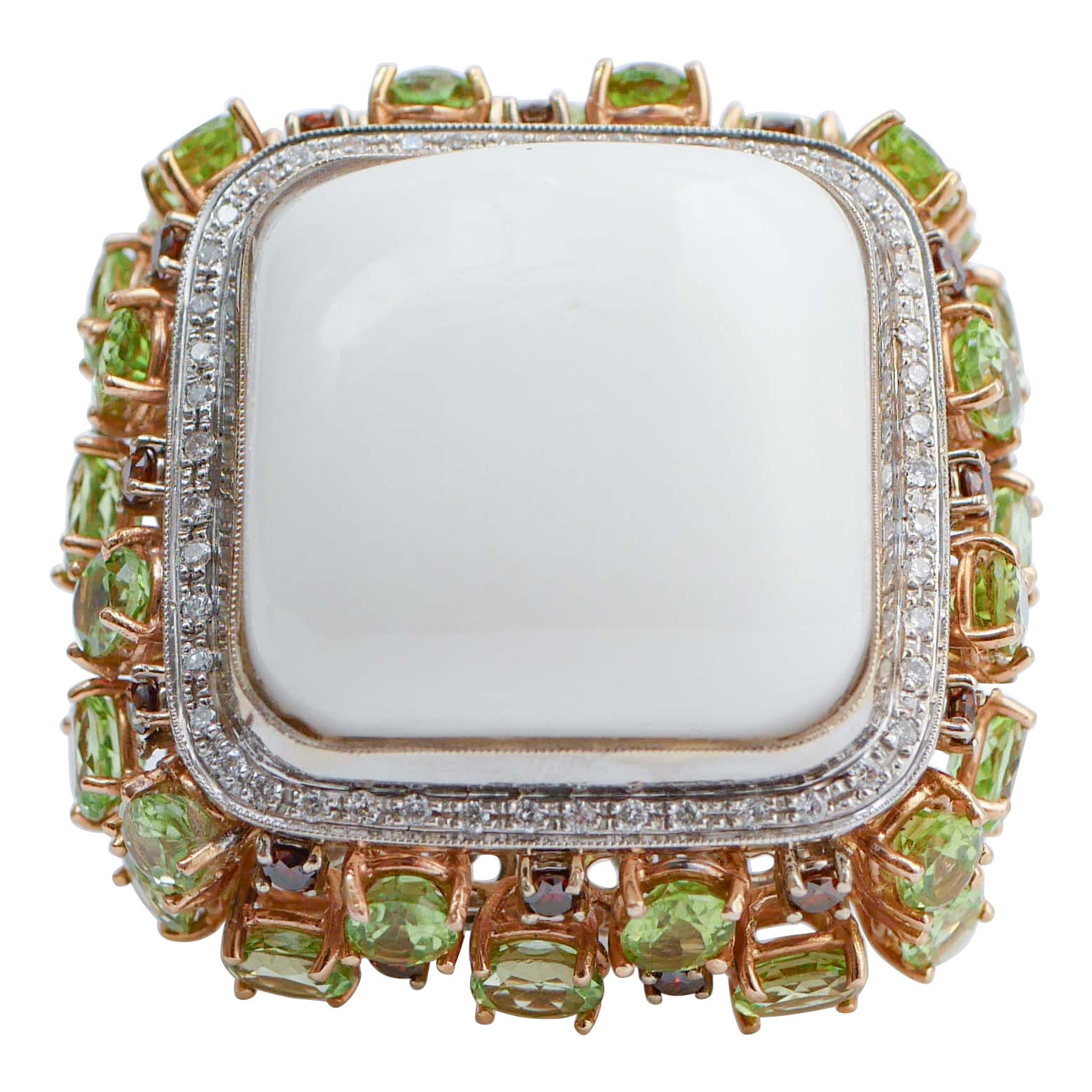 White Coral, Peridots, Garnets, Diamonds, 18 Karat Rose Gold and White Gold Ring