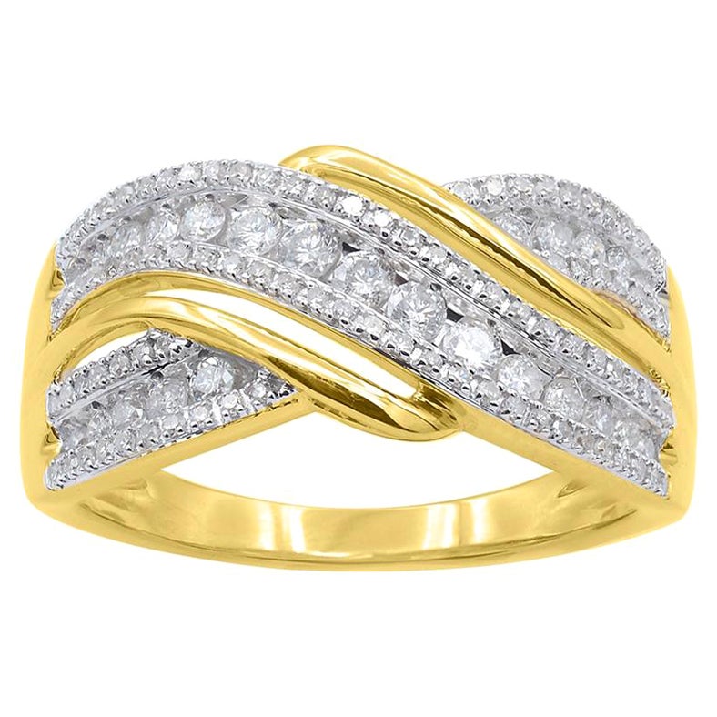 TJD 0.50 Carat Round Diamond 14 Karat Yellow Gold Cross-over Wedding Band Ring