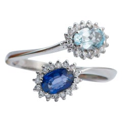 Aquamarine Colour Topaz, Sapphire, Diamonds, 18 Karat White Gold Ring